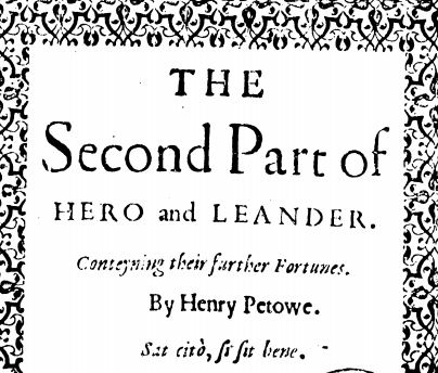 An image of the top part of the title page for "The Second Part of Hero and Leander".