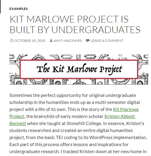 Screenshot of article written by Ian F. MacInnes entitled "Kit Marlowe Written By Undergraduates." 