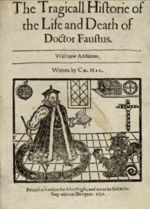 An image of the title page of Christopher Marlowe's "The Tragicall Historie of the Life and Death of Doctor Faustus".