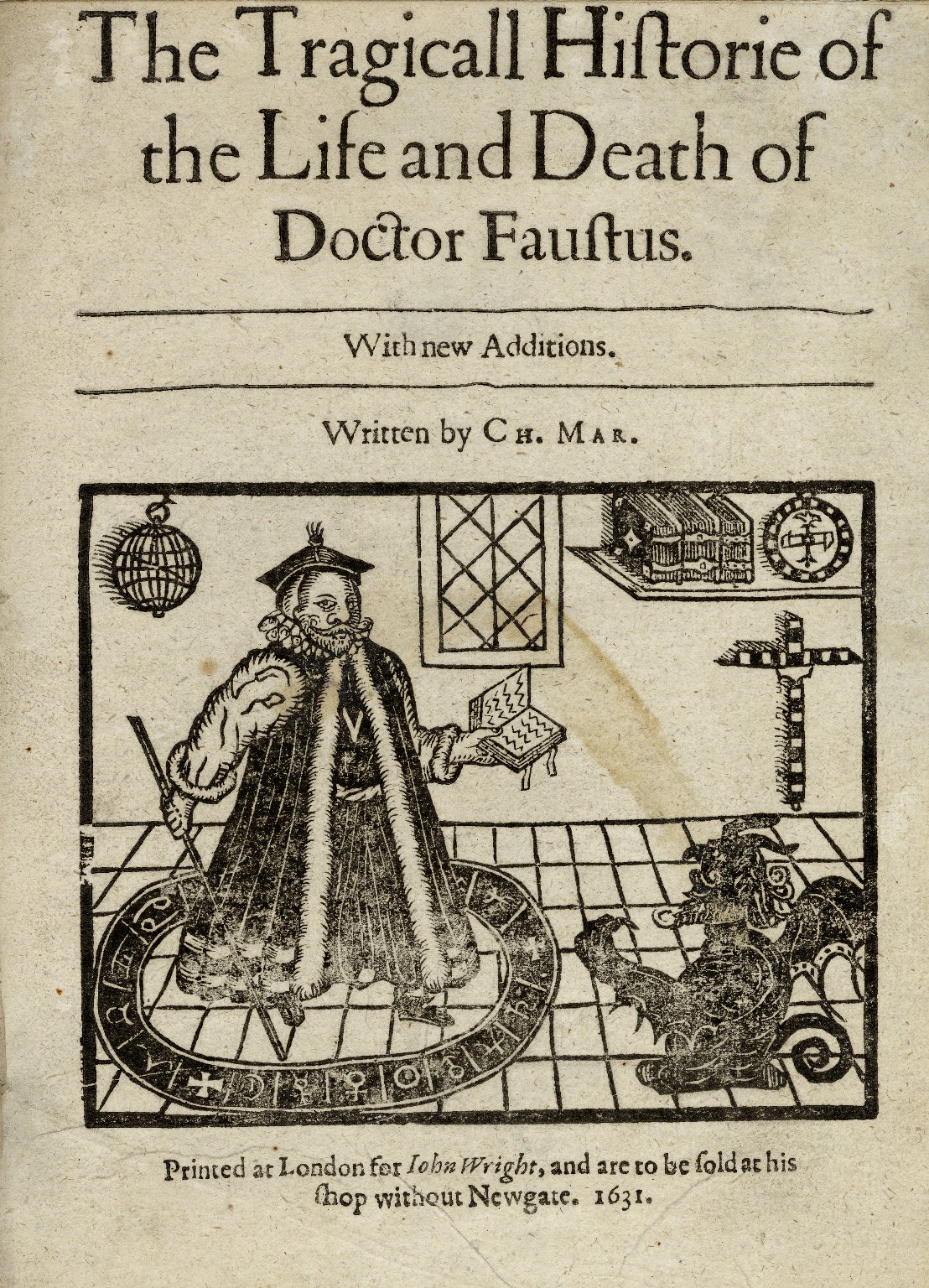 An image of the title page of Christopher Marlowe's "The Tragicall Historie of the Life and Death of Doctor Faustus".