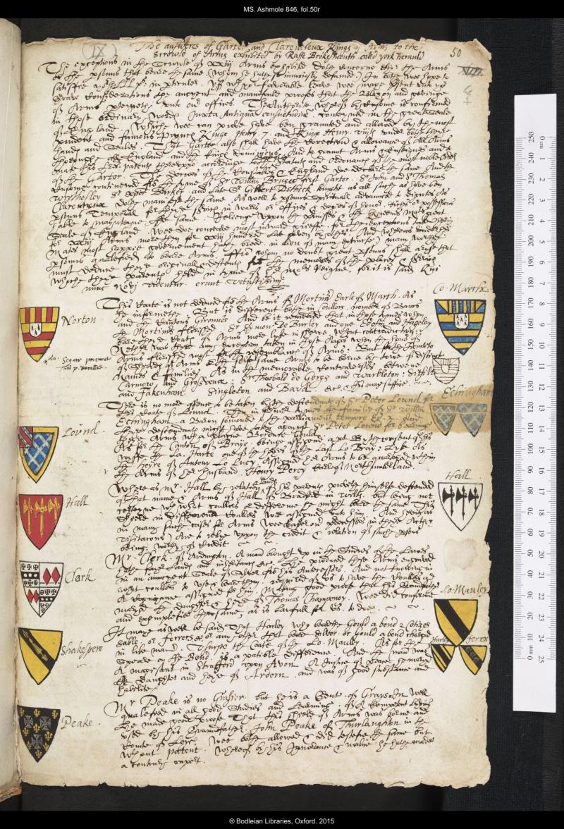 A page of writing. There are several coat of arms depicted in the margins, including the coat of arms inherited by William Shakespeare.