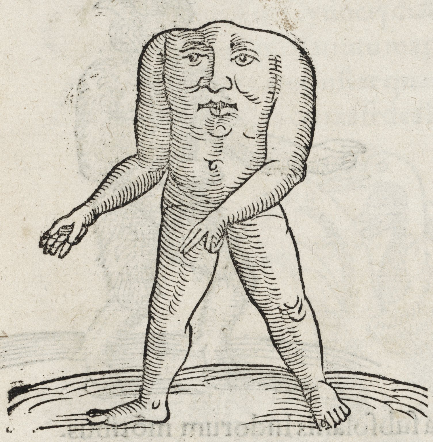 A man with his face on his chest between his shoulders. He has no neck or head. Image Citation: Konran Lykosthenes (1518-1561). Prodigiorum (Basel 1557), page 9. Call #: GR825 L8 1557 Cage. Used by permission of the Folger Shakespeare Library under a Creative Commons Attribution-ShareAlike 4.0 International License.